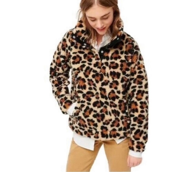 J. Crew Snap Collar Sherpa Sweatshirt in Leopard - Picture 1 of 11